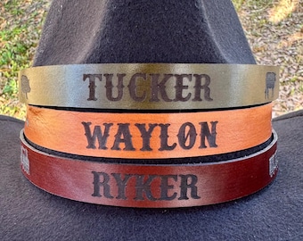 Personalized Laser Engraved Genuine Leather Hat Band with Kids Name and trains, animals, tractors or arrow motif