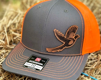 Flying Pheasant | Richardson 112 Adjustable Mesh Snapback Trucker Hat | Upland Hunting, laser engraved Pheasant leather patch hat, hand sewn