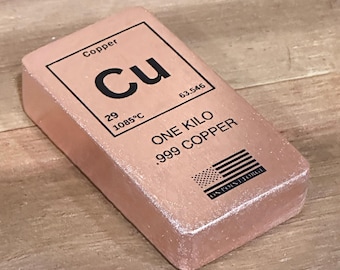 Pure .999 Copper 1 Kilo Bar Element Edition | Hand poured .999 fine copper bullion