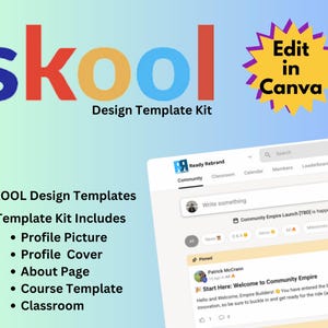 Op de afbeelding: Een kleurrijke grafische ontwerptemplatekit voor het online leerplatform "Skool". De kit bevat sjablonen voor profielfoto's, profielcovers, over-mij-pagina's, cursustemplates en klaslokalen. De tekst "Edit in Canva" wordt weergegeven in een gele ster.