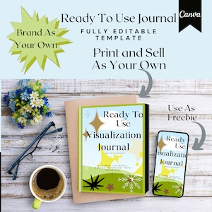 May include: A printable visualization journal with a colorful cover featuring stars, a snowflake, and a green leaf design. The text on the cover reads "Ready To Use Visualization Journal". The journal is designed for people who want to manifest their dream life.