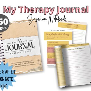 Pode incluir: Um diário castanho e bege com o texto "My Therapy Journal Session Notebook" e "160 Pages". O diário tem uma encadernação em espiral e um design de borda rasgada. A capa apresenta o texto "My Therapy Journal Session Notes" e "The journey for writing down your thoughts, feelings, and reflections before, during, and after your sessions."