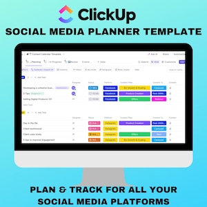 May include: A screenshot of a computer screen showing a social media planner template in ClickUp. The template is organized by platform, content type, and content plan. The template includes tasks such as "Developing a cohesive brand", "3 Tips", "Selling Digital Products 101", "Day in the life", "Client testimonial", "Client case study", and "5 tips to improve engagement".