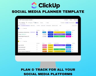 Puede incluir: Una captura de pantalla de una pantalla de computadora que muestra una plantilla de planificador de redes sociales en ClickUp. La plantilla está organizada por plataforma, tipo de contenido y plan de contenido. La plantilla incluye tareas como "Desarrollar una marca cohesiva", "3 consejos", "Vender productos digitales 101", "Día en la vida", "Testimonio del cliente", "Estudio de caso del cliente" y "5 consejos para mejorar el compromiso".