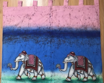 Indian style Elephant wall hanging Tapestry. Fabric dyed with pink, blue and green