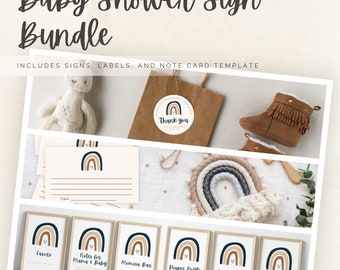Bohemian Rainbow Baby Shower Sign Bundle, Editable Labels, Note Cards (Digital Download)