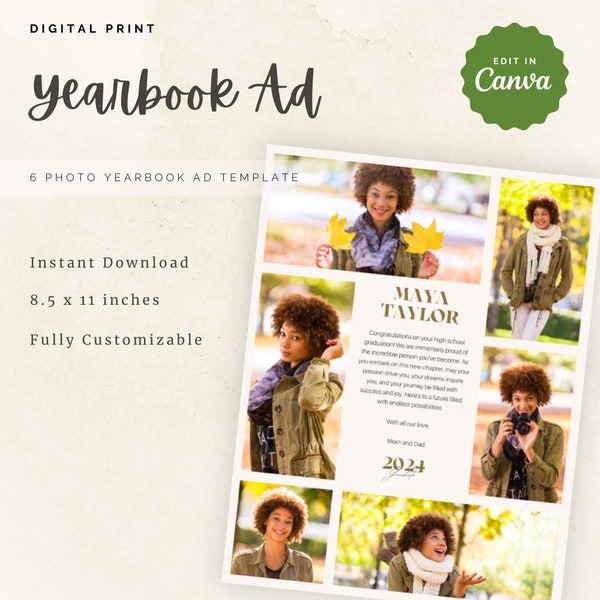 Senior Tribute Yearbook Ad Template, Editable Full Page Yearbook Ad, Yearbook Ad Template w/ 6 photos, Edit in Canva, Minimalist