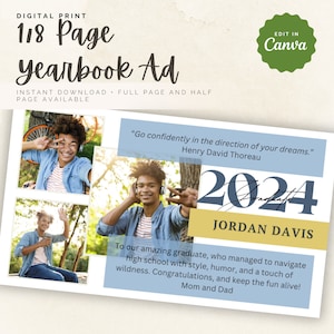 Sjabloon voor senior jaarboekadvertentie, bewerkbare jaarboekadvertentie van 1/8 pagina, jaarboekadvertentiesjabloon met 3 foto's en opdracht, personaliseren en bewerken in canva
