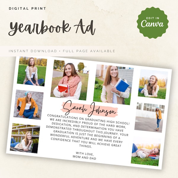 Senior Yearbook Ad Template, Editable Half Page Yearbook Ad, Yearbook Ad Template w/ 8 photos and dedication, Personalize and Edit in Canva