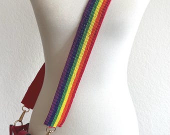Rainbow Beaded Purse Strap: Bold Striped Look, Gold Clips (46.5" Long)
