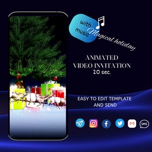 e-Card VIDEO Elektronische kerst- en nieuwjaarskaart, digitale VIDEO kerstwenskaart, vakantie-e-card voor telefoon, bewerkbare sjabloon,