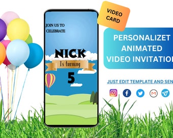 Birthday Video Invitation-Kids for boy or girl Animated Video Invite-Birthday Invitation Template Balloons