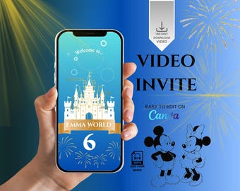 マジックキングダム ミッキー セルフ編集可能なビデオ招待状（青） - Canvaテンプレート - 誕生日招待状