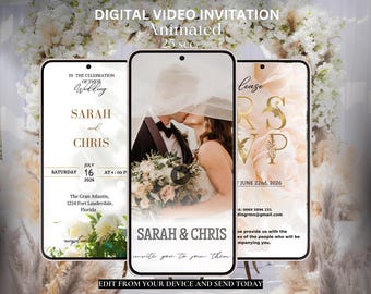アニメーション化された花の結婚式招待状ビデオ：編集可能なCanva eInvite（デジタルダウンロード）