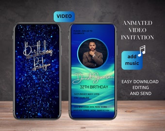 Video Birthday Invitation Blue, Party Invitation, For him or her, Any Age Bday Party, Modern Birthday Invitation Template, Editable Download