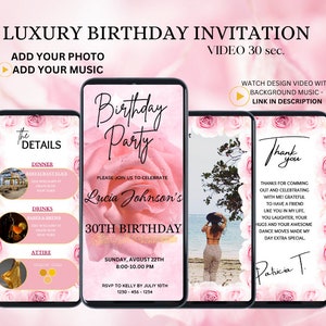 Invitación de cumpleaños digital en video, para ella, invitación para fiesta, fiesta de cumpleaños para cualquier edad, plantilla de invitación de cumpleaños moderna, descarga editable