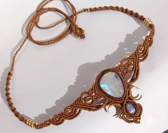 Macrame Choker with Moonstone Crystal & Ethiopian Opal, Crescent Necklace, handmade macrame choker, hippie, boho ,Festival Jewelry