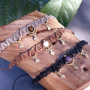 Handmade Macrame Choker: Gemstone Spiral Charms, Boho Hippie Style