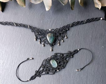 Victorian Black Macrame Choker & Bracelet Set – Goth Boho Fairy Labradorite Jewelry, Gift for Woman