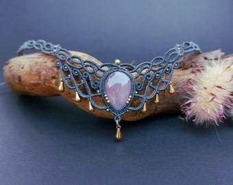 Rose Quartz Macrame Choker Bracelet Set: Boho Crystal Jewelry