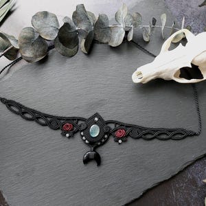 Dark Red Rose Necklace - Black Moon Macrame Choker, Romantic  Goth Necklace