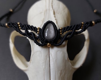 Macrame Crystal Choker Tiara: Obsidian, Citrine Gemstone Headpiece