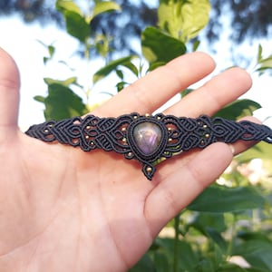 Macrame Labradorite & Moonstone Black Choker, Goth Necklace, Bohemian Necklace, Labradorite Jewelry, Handmade Jewelry, Festival Jewelry