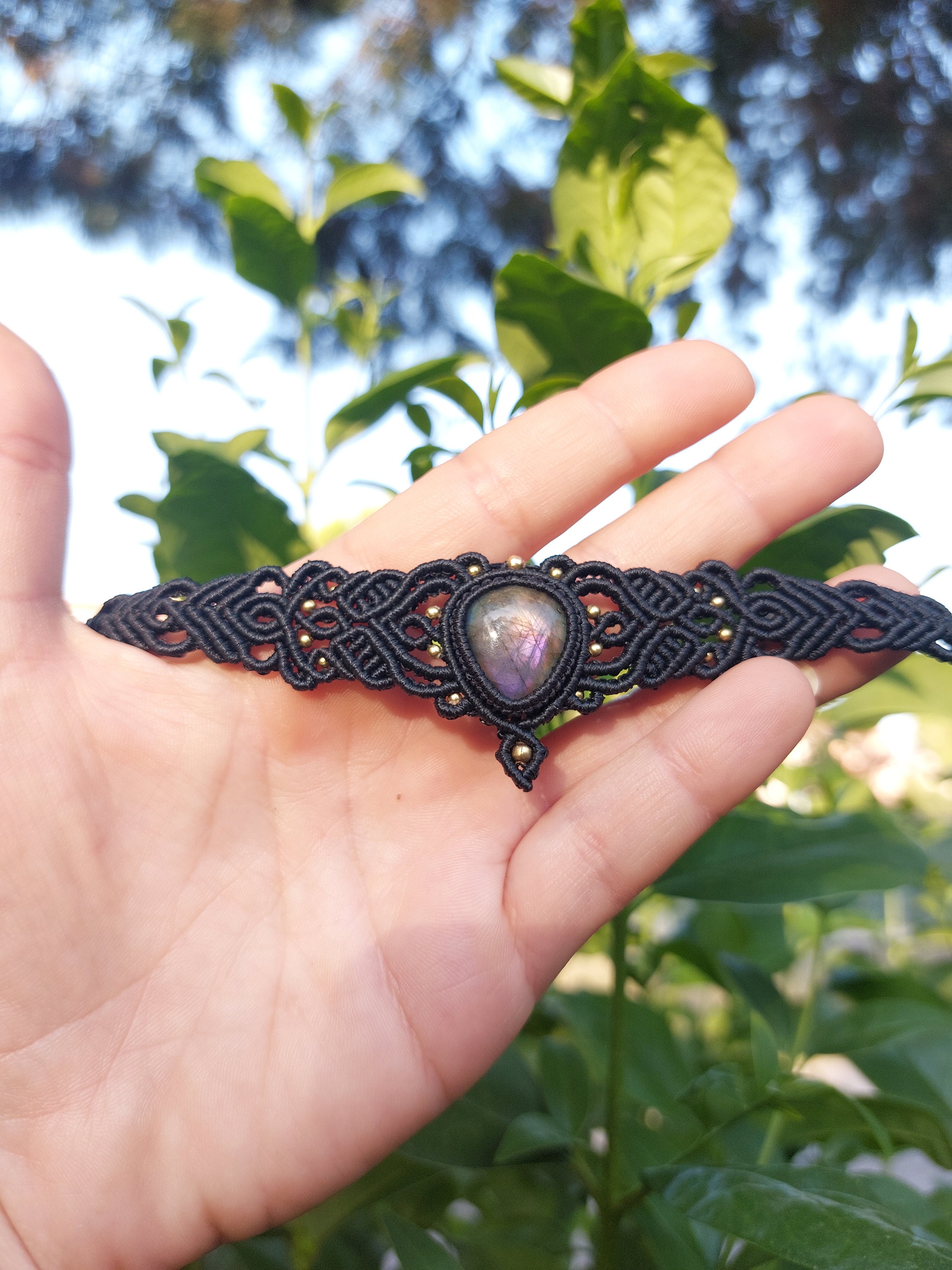 Macrame Labradorite & Moonstone Black Choker, Goth Necklace, Bohemian Necklace, Labradorite Jewelry, Handmade Jewelry, Festival Jewelry