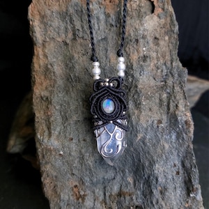 Macrame Quartz Crystal Necklace, Sterling Silver Wire Wrap, Opal Pendant, Boho Talisman Jewelry
