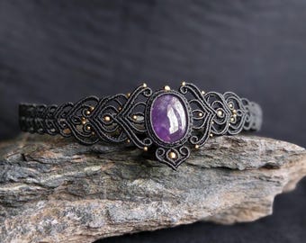 Amethyst Macrame Choker Necklace – Victorian Gothic Handmade Black Choker