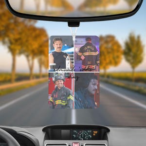 May include: A rectangular car air freshener featuring a four-panel photo collage of a man with a mustache in firefighter gear. The text "edmundo 'eddie' diaz" is printed in black script across the center of the white-bordered image.