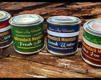 4 Pack - Adirondack Mountain Cans Option 1 - Fresh Air - DeLiquefied Brook Water - Hiker Poo Paper - Mini Fire Tower Map