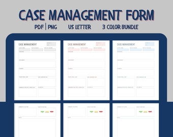May include: A printable case management form template in three color variations: pink, blue, and green. The form includes sections for client information, assessment, planning, communication, and a summary of actions.