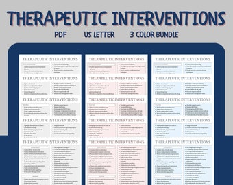 Therapeutic Interventions I 3 Color Bundle I Therapy Intervention List I Therapist Cheat Sheets I Printable Digital Download I