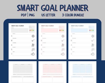 Può includere: Un planner di obiettivi SMART stampabile in tre colori: grigio, rosa e blu. Il planner include sezioni per l'impostazione degli obiettivi, i passaggi misurabili, le azioni raggiungibili, le risorse pertinenti e una cronologia.