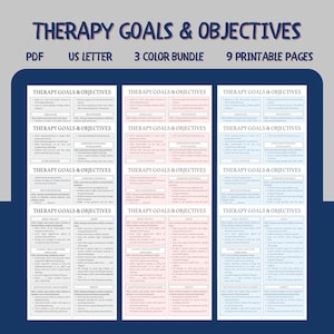 Paquete de metas y objetivos de terapia, notas de terapia clínica, hojas de trucos para terapeutas, hoja de referencia de términos de documentación, paquete de terapia
