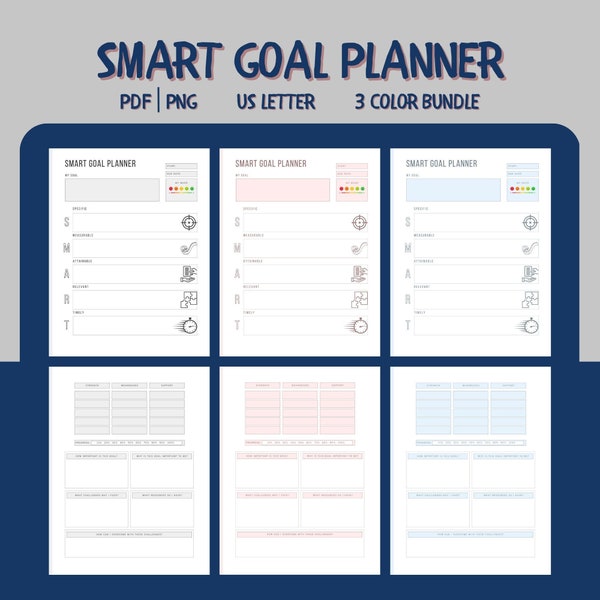 Smart Goal Planner, 3 Color Bundle, Therapist Tool for Goal Setting, Goal Setting Worksheet, Therapy Goasl,  Download Printable