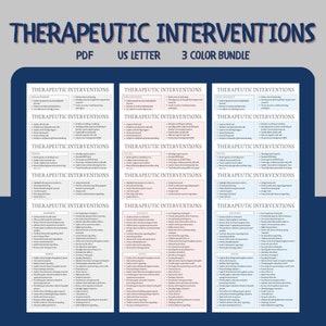 Therapeutic Interventions I 3 Color Bundle I Therapy Intervention List I Therapist Cheat Sheets I Printable Digital Download I