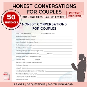 May include: Digital download titled "Honest Conversations for Couples" with fill-in-the-blank prompts. The design features a red circle with "50 Sentences" and a silhouette of a person reading. Includes PDF and PNG files.
