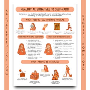 May include: A digital download poster titled "Healthy Alternatives to Self-Harm." The poster provides various coping mechanisms, including physical activities, emotional processing, and distraction techniques, with accompanying illustrations.