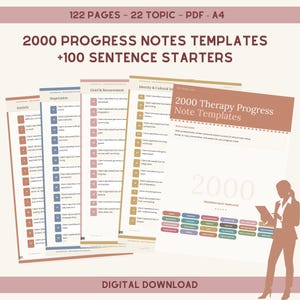 May include: A digital download graphic with the text "2000 PROGRESS NOTES TEMPLATES +100 SENTENCE STARTERS." The image includes several pages with the topics of Anxiety, Depression, Grief & Bereavement, and Identity & Cultural Issues. The words "DIGITAL DOWNLOAD" are at the bottom.