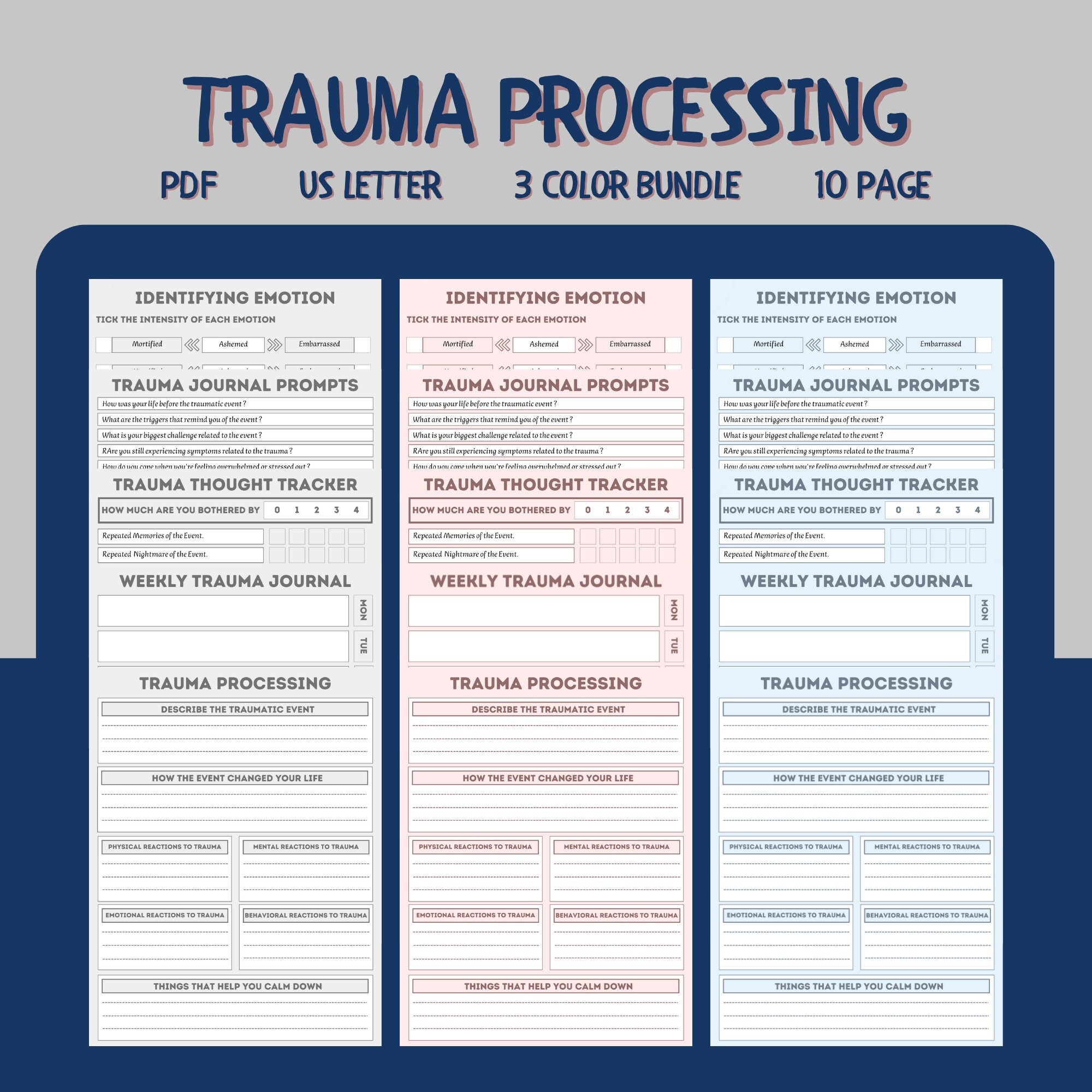 Trauma Processing Journal I 3 Color Bundle I Daily Thought Processing Tracker for Self Care I Trauma Journal Prompts I Digital Download I