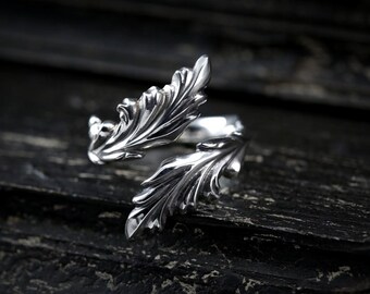 Anillo de pluma de plata esterlina, delicado anillo de pájaro, joyería hecha a mano