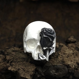 Skull with rose Ring. 925 Silver Skull Ring. Mens Skull Ring. unique Ring. Gothic Ring. Keith Richards Ring. Biker Ring. gift for him