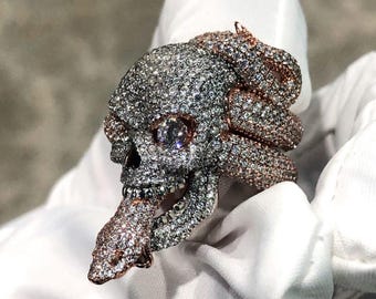 アイスアウト スネーク スカル リング、925スターリングシルバー 