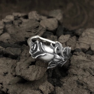 925 Sterling Silver Rose Flower Engagement Band Ring, Floral Promise Ring, Nature Inspired Unisex Wedding Band Ring Oxidized Silver Ring