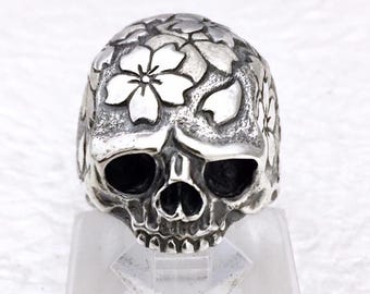 925 Silver Skull Ring with Flowers - Gothic Biker Jewelry