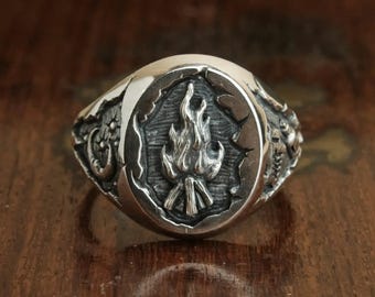 Flame Silver Signet Ring, Vintage CameFire Jewelry, Ember Inspired Band,