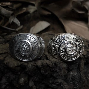 May include: Two silver rings with a spiral design and Roman numeral markings around the edge.