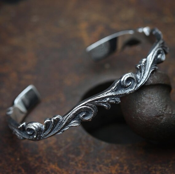 Handmade Arabesque Sterling Silver Bangle Bracelet, Unisex Jewelry 